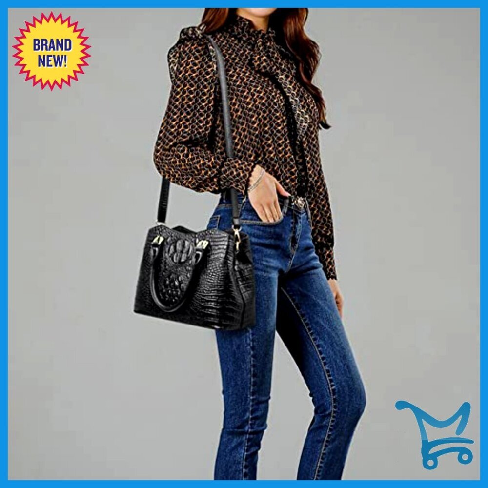 Large Vegan Leather Tote with Shoulder Strap, Crocodile Texture Satchel - Picture 2 of 6